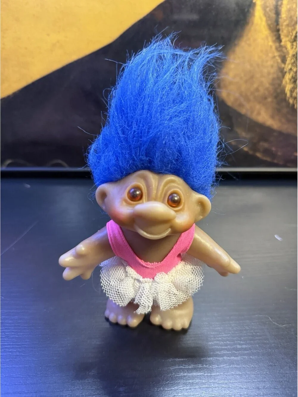 Vintage 1986 DAM Norfin Troll Doll Ballerina Blue Hair Pink Tutu 5”